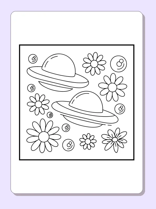 Two flying saucers surrounded by daisies and small circles