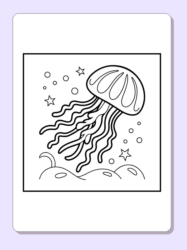 Jellyfish with long wavy tentacles among stars and seabed hills