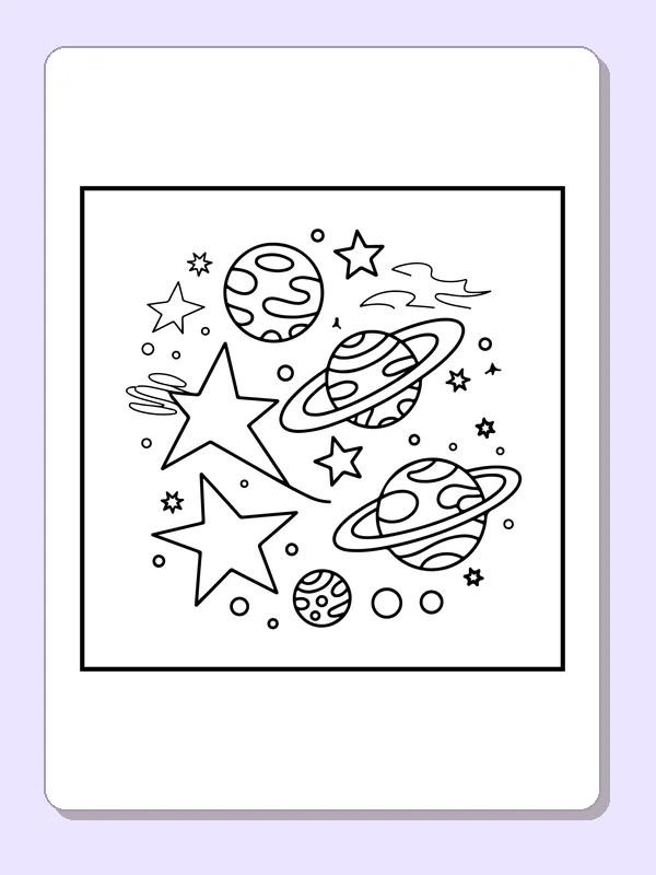 Several ringed planets and large stars in a whimsical sky