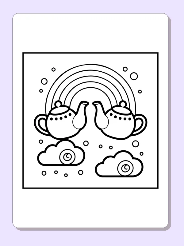 Two patterned teacups under a rainbow with clouds