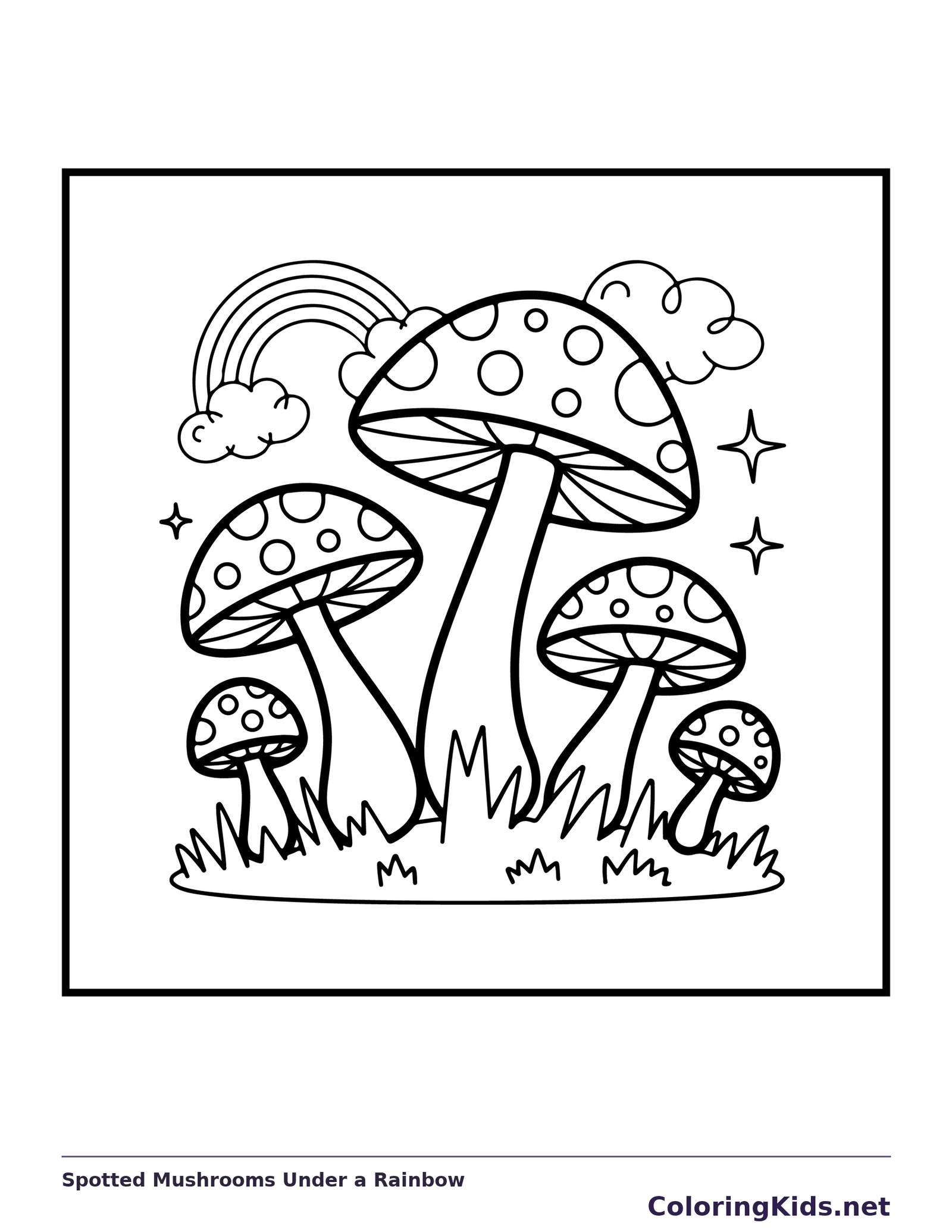 Group of spotted mushrooms beneath a rainbow and clouds