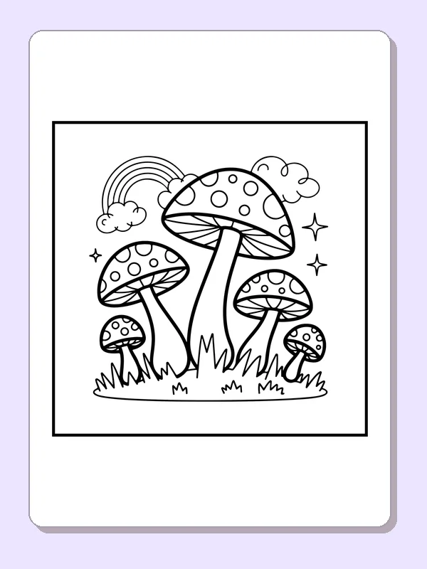 Group of spotted mushrooms beneath a rainbow and clouds