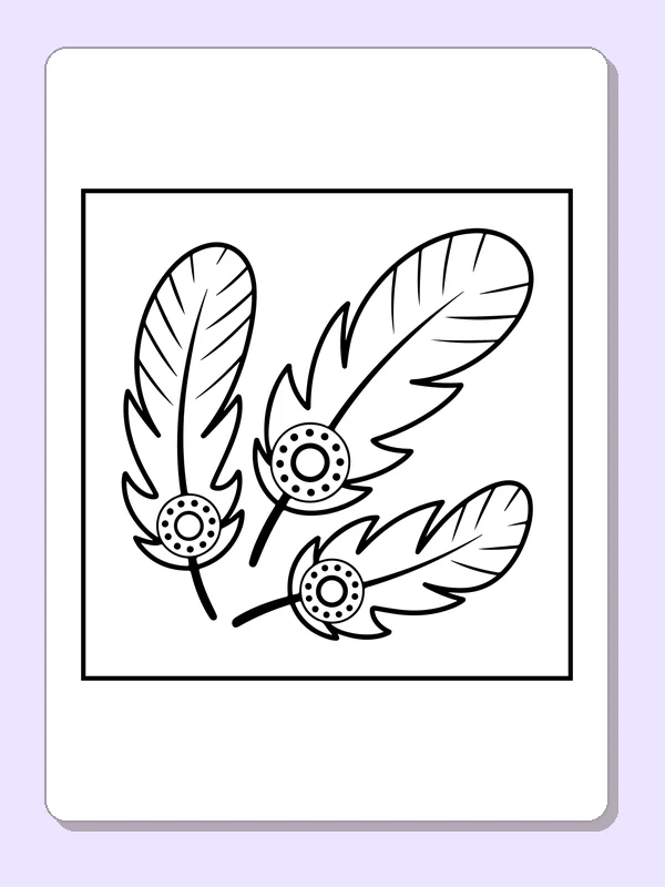 Three large patterned feathers with circular decorated bases