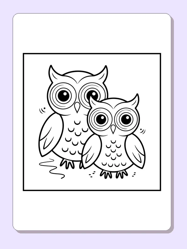 Two owls standing together with huge ringed eyes and patterned bodies