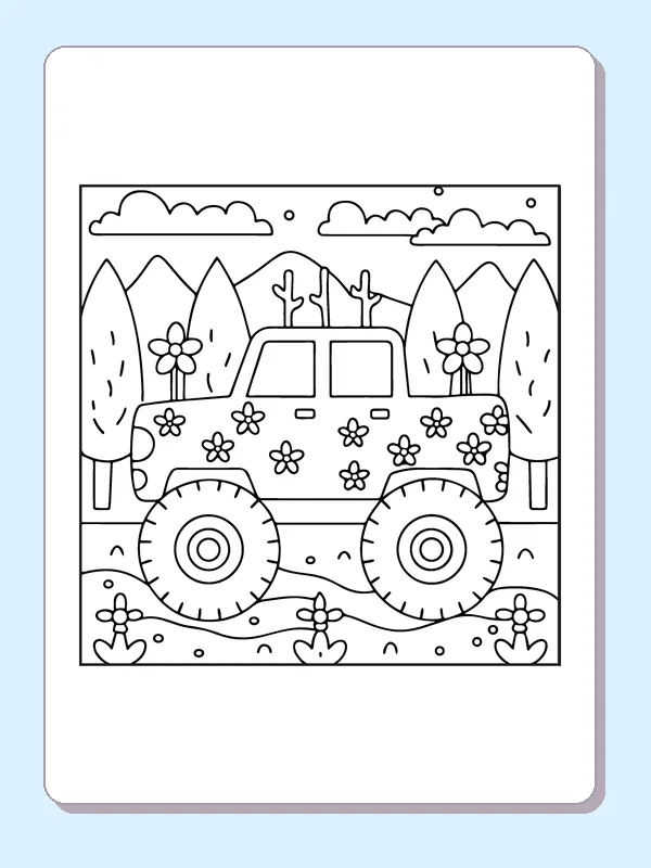 Black and white printable flower-covered monster truck in mountains coloring sheet