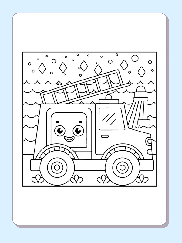 Black and white printable friendly fire truck in a patterned town coloring sheet