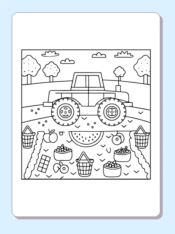 Black and white printable monster truck at a summer picnic coloring sheet