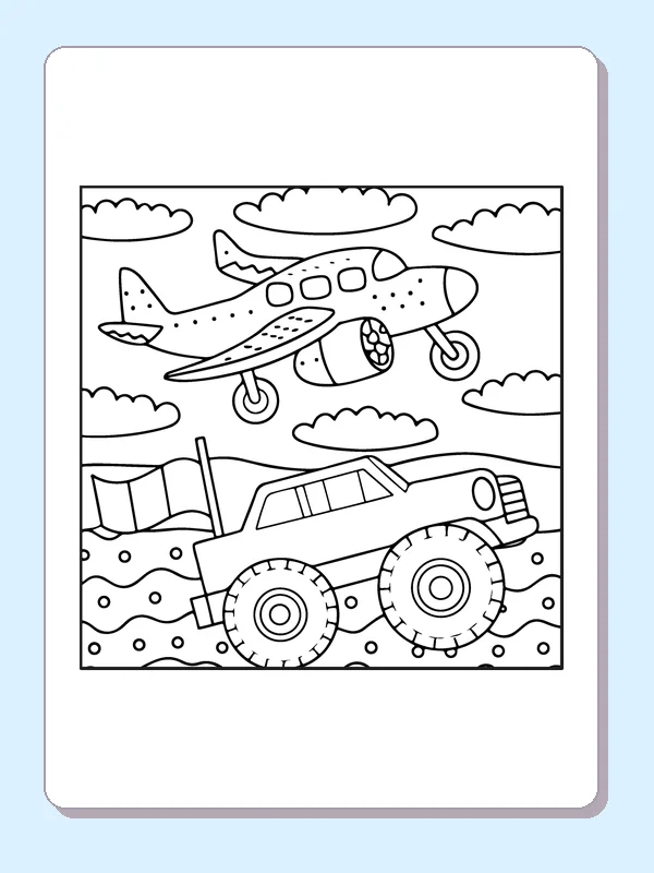 Black and white printable monster truck beneath a low-flying plane coloring sheet