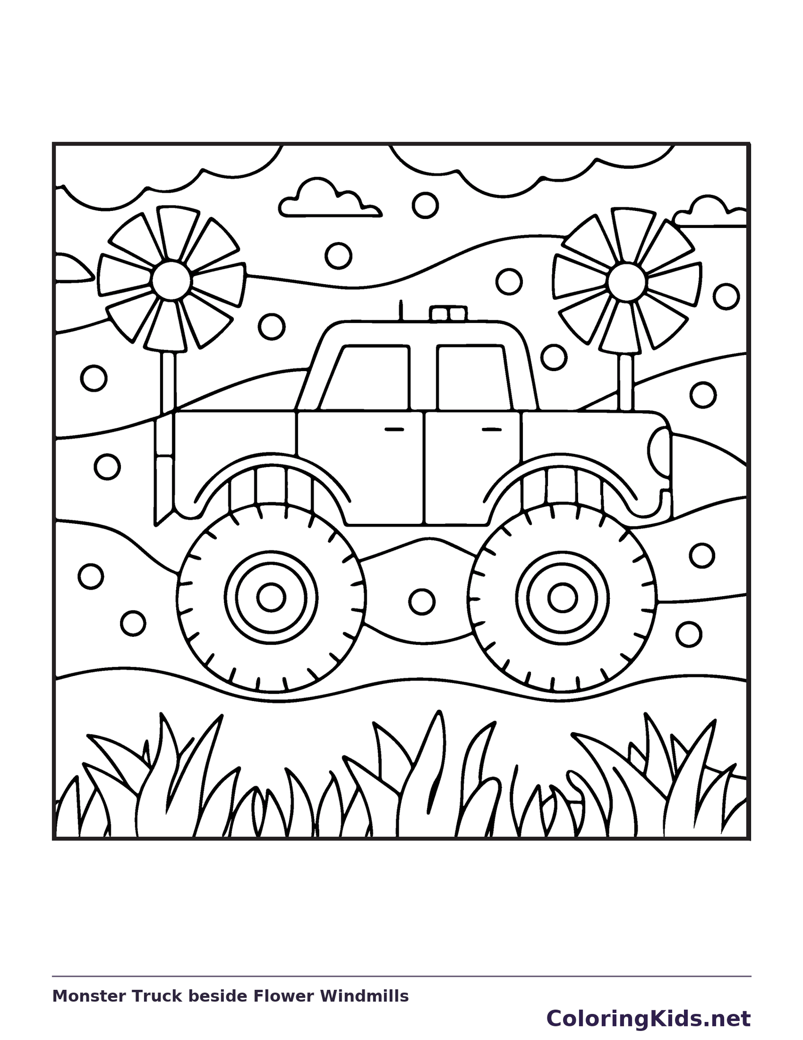 Black and white printable monster truck beside flower windmills coloring sheet