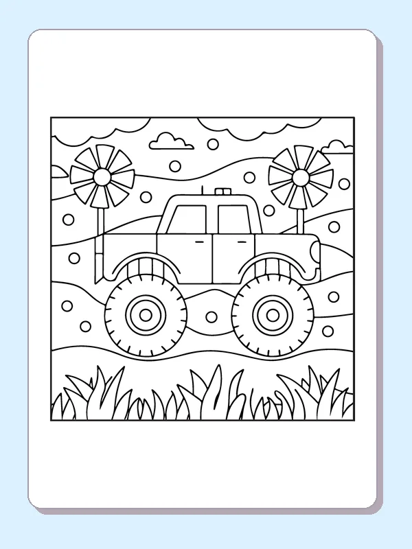 Black and white printable monster truck beside flower windmills coloring sheet