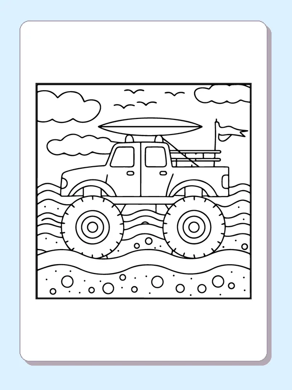 Black and white printable monster truck carrying a surfboard coloring sheet