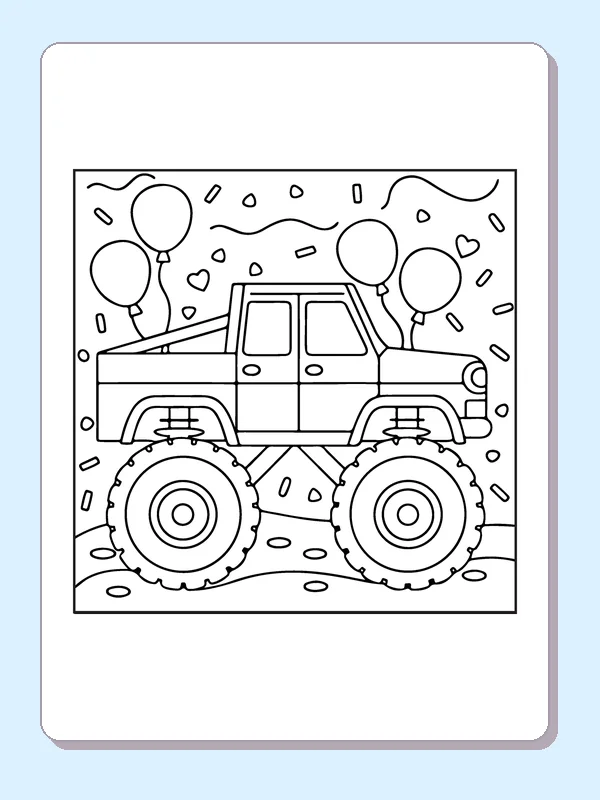 Black and white printable monster truck celebrating with balloons coloring sheet