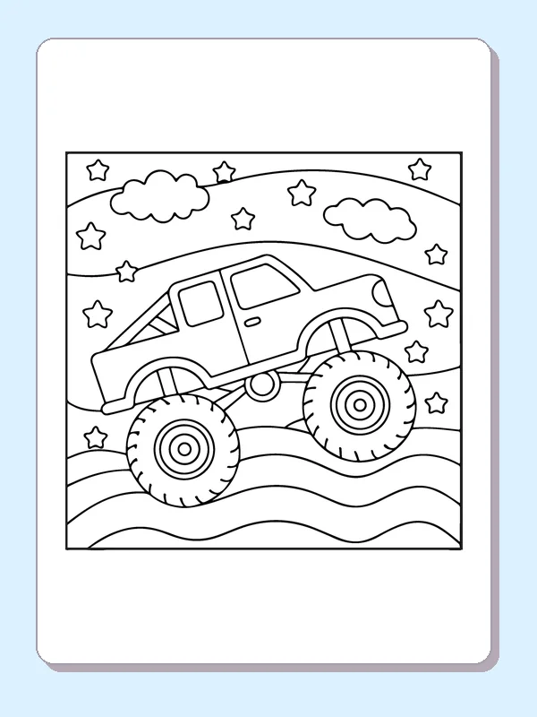 Black and white printable monster truck climbing a starry hill coloring sheet