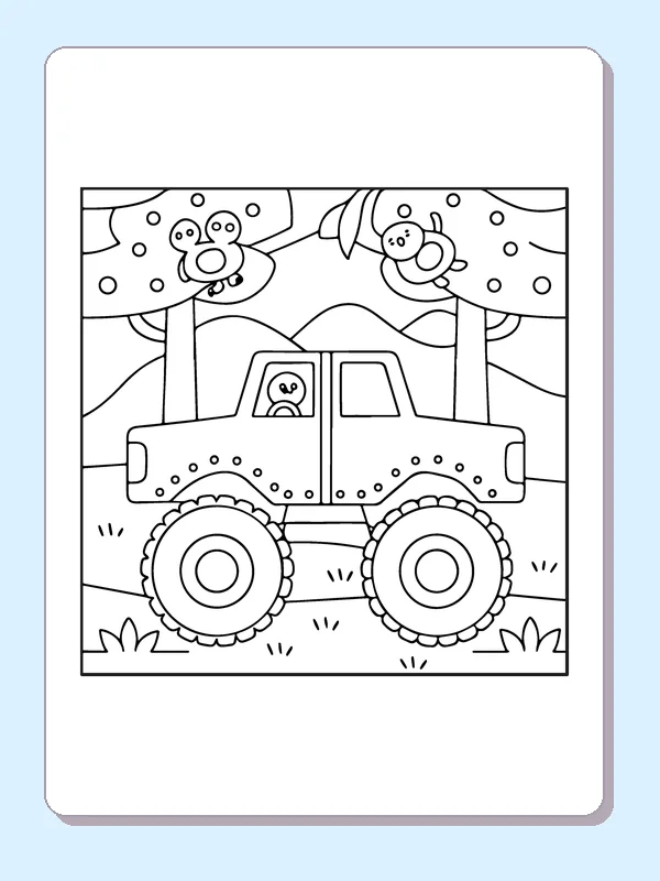 Black and white printable monster truck driving through a zoo coloring sheet