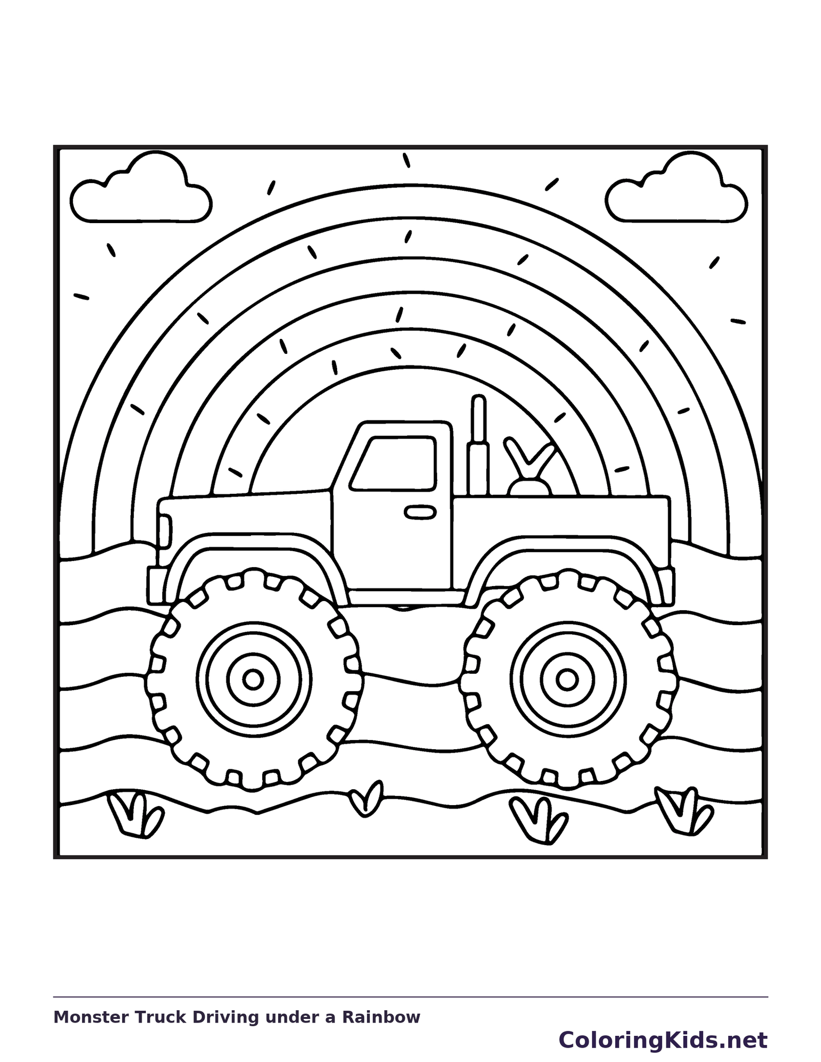 Black and white printable monster truck driving under a rainbow coloring sheet