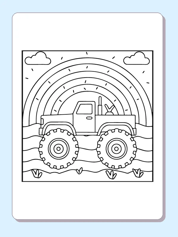 Black and white printable monster truck driving under a rainbow coloring sheet