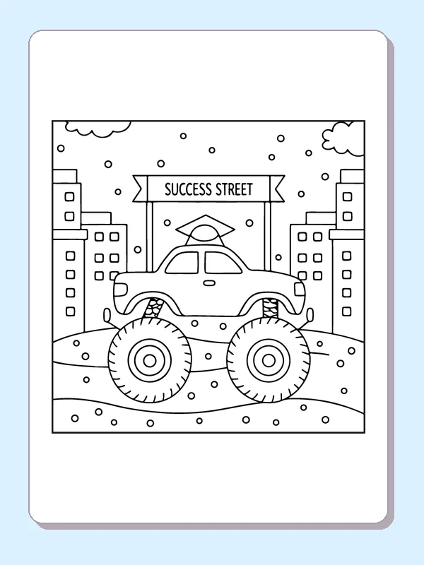 Black and white printable monster truck on success street coloring sheet