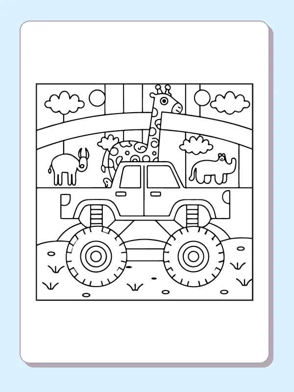 Black and white printable monster truck passing zoo animals coloring sheet