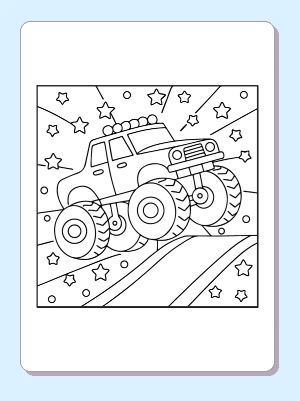 Black and white printable monster truck racing up a ramp coloring sheet