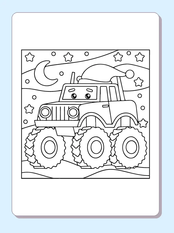 Black and white printable monster truck under a snowy moon coloring sheet