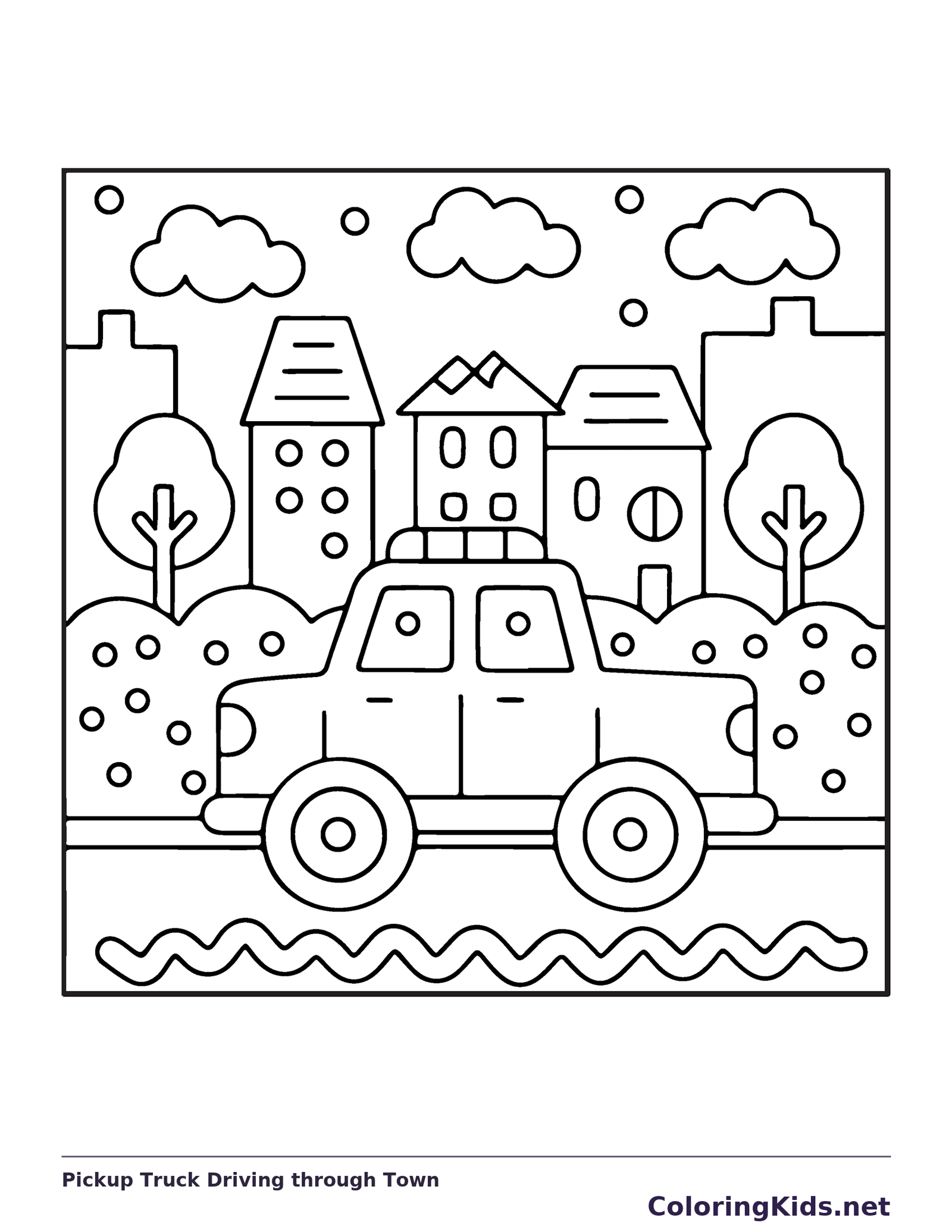 Black and white printable pickup truck driving through town coloring sheet