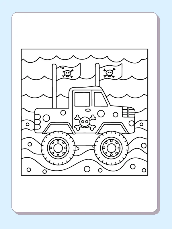 Black and white printable pirate monster truck by the sea coloring sheet