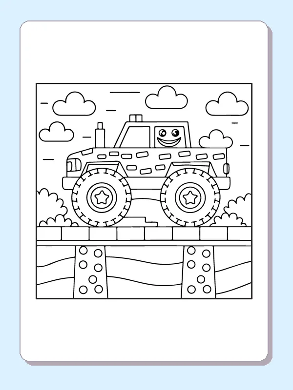 Black and white printable smiling monster truck crossing a bridge coloring sheet