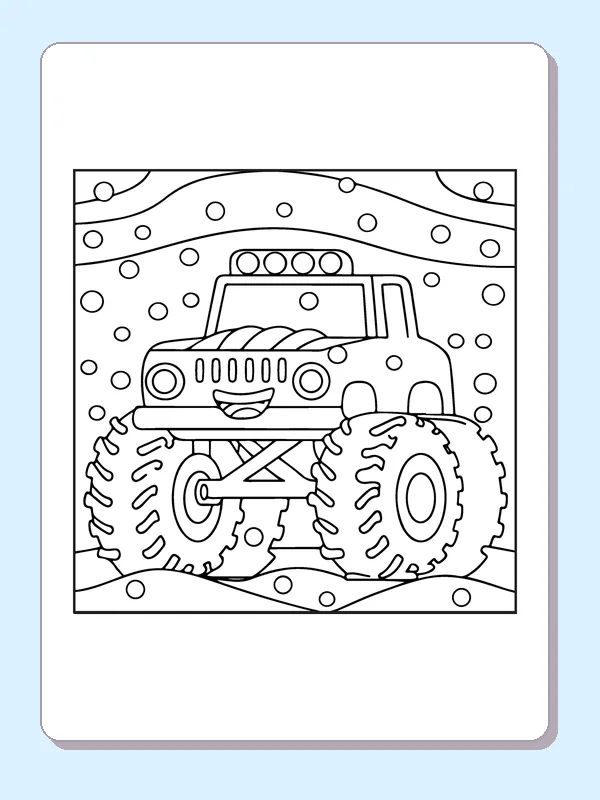 Black and white printable smiling monster truck on a dirt track coloring sheet