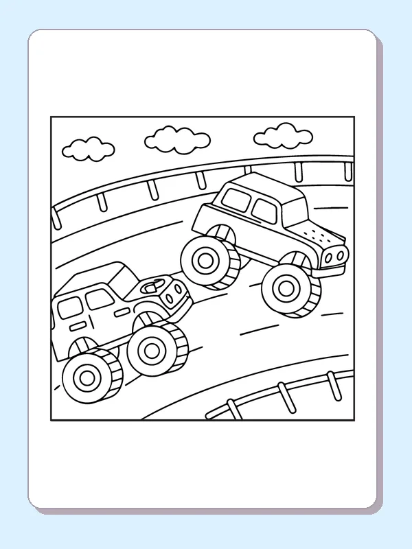 Black and white printable two monster trucks on a race track coloring sheet