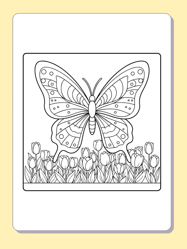 Black-and-white printable drawing of butterfly above a dense tulip field