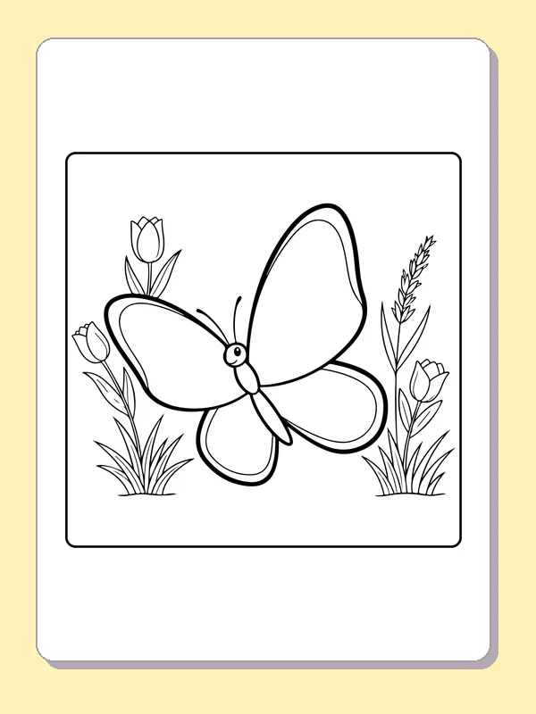 Black-and-white printable drawing of butterfly beside three tulips