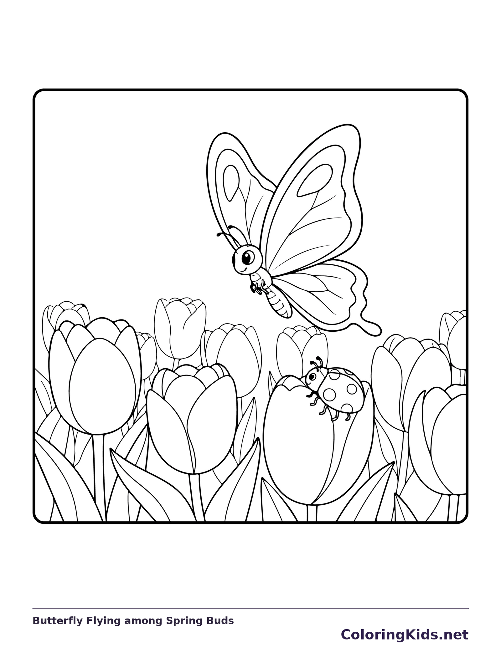 Black-and-white printable drawing of butterfly flying among spring buds