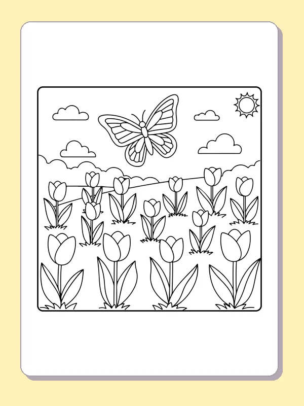 Black-and-white printable drawing of butterfly flying over a tulip field