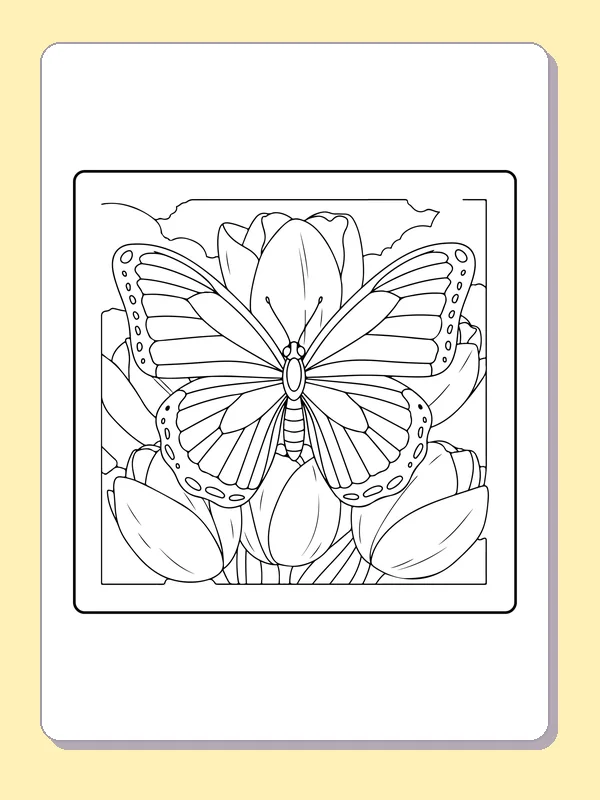 Black-and-white printable drawing of butterfly framed by tulip petals