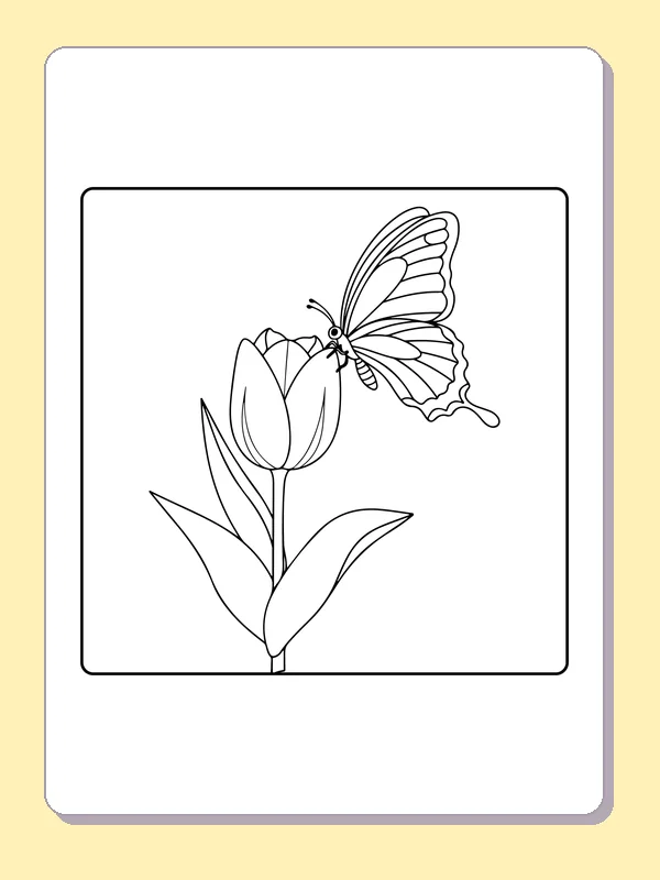 Black-and-white printable drawing of butterfly reaching a single tulip