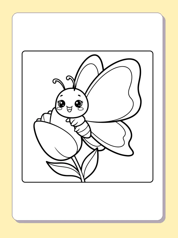 Black-and-white printable drawing of butterfly resting on a tulip cup