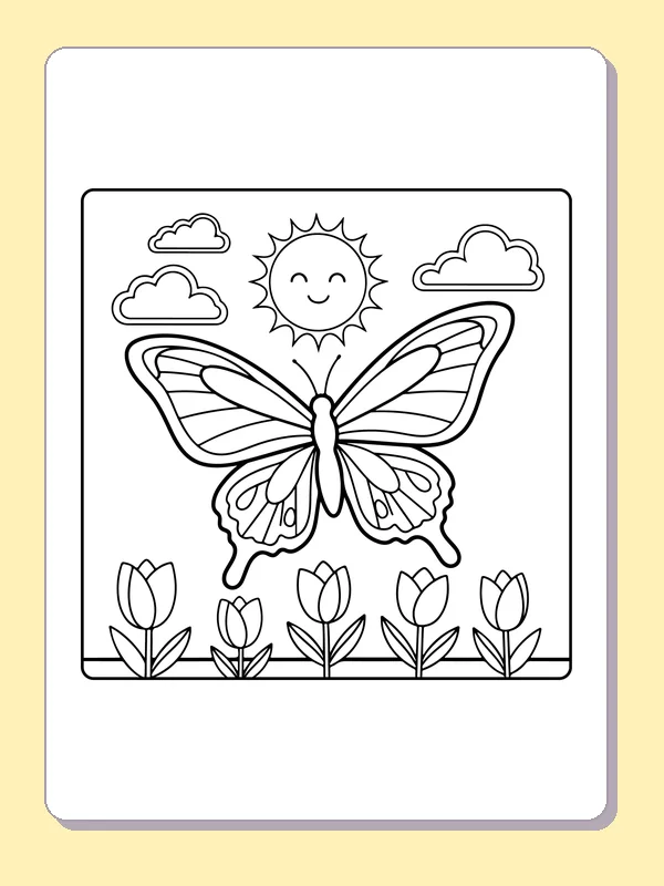 Black-and-white printable drawing of butterfly under a sunny tulip sky