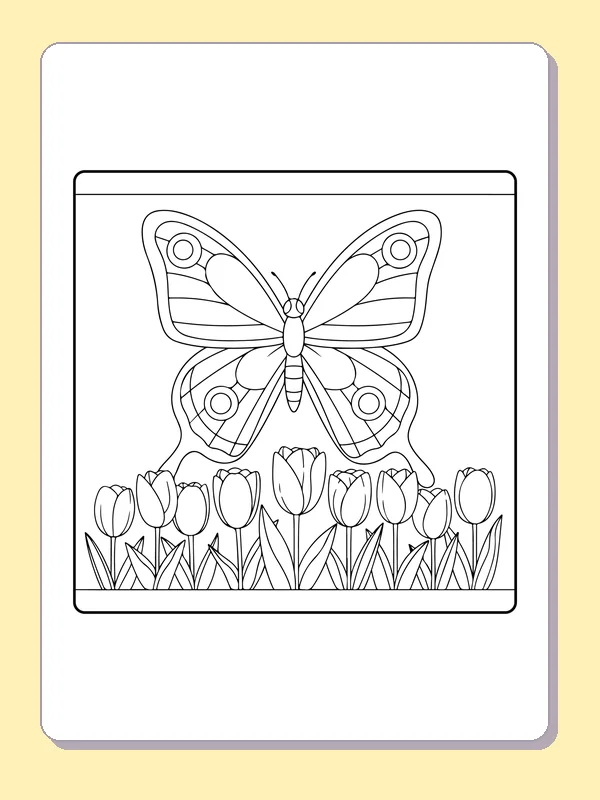 Black-and-white printable drawing of large butterfly above a tulip border