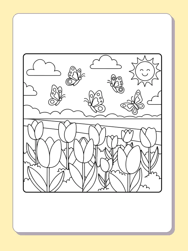 Black-and-white printable drawing of small butterflies above a tulip garden
