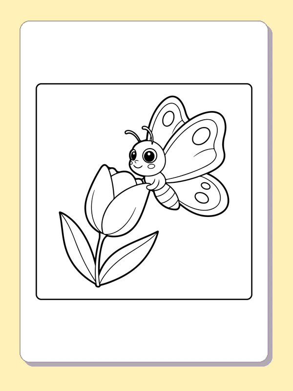 Black-and-white printable drawing of smiling butterfly resting on a tulip