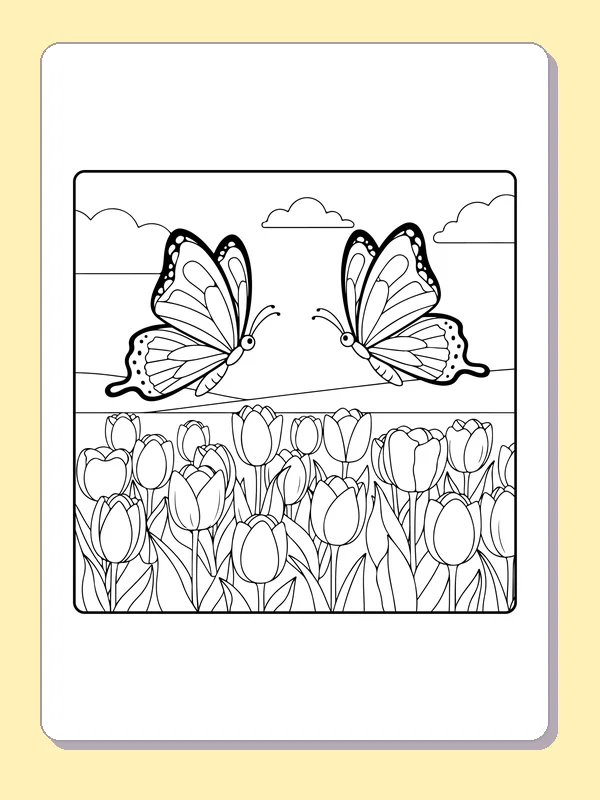 Black-and-white printable drawing of two butterflies crossing a tulip field