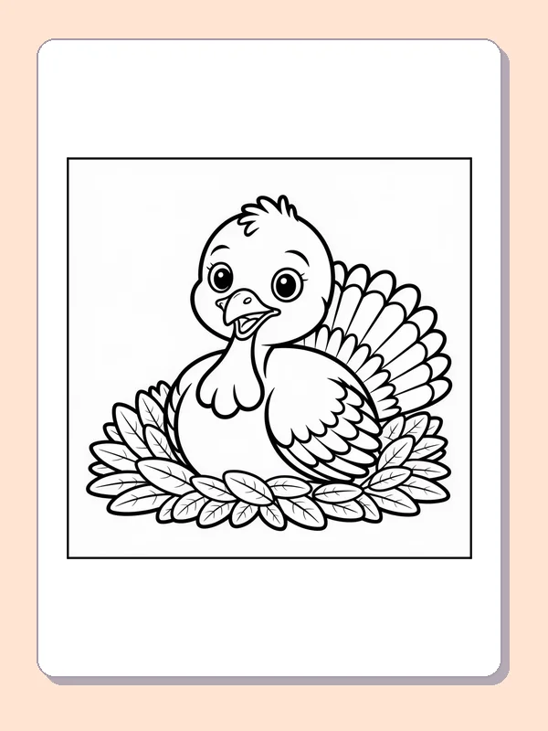 Black and white baby turkey in a leaf circle coloring page with turkey feathers and fall details