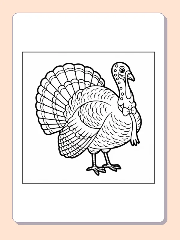 Black and white detailed turkey in profile coloring page with turkey feathers and fall details