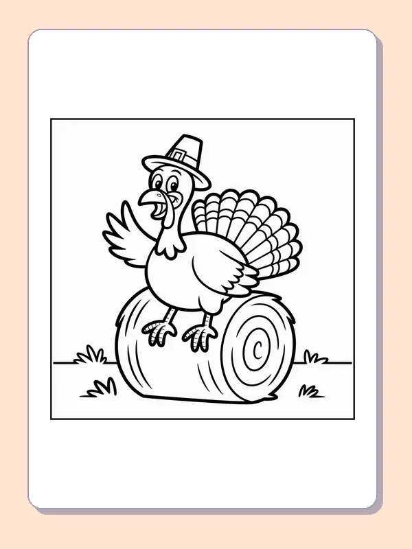 Black and white hat-wearing turkey on a log coloring page with turkey feathers and fall details