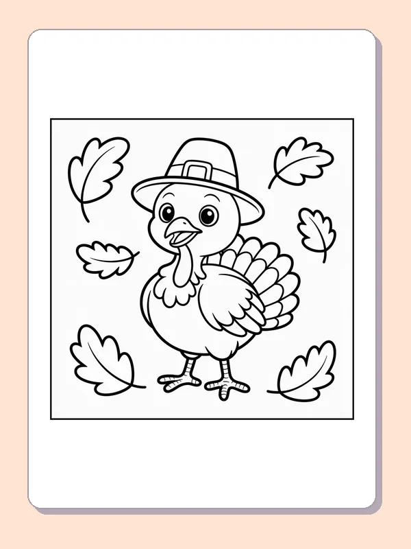 Black and white little turkey with hat and leaves coloring page with turkey feathers and fall details