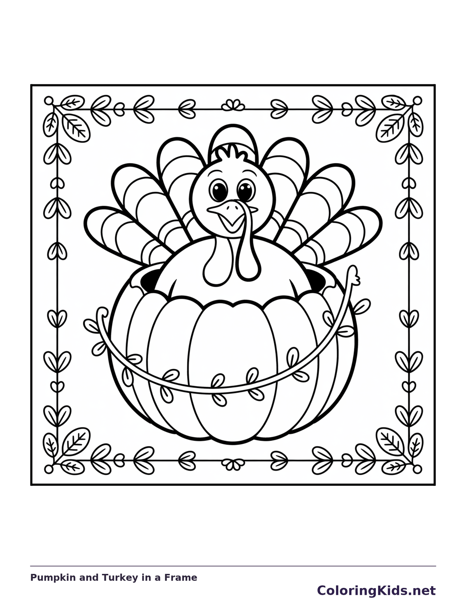 Black and white pumpkin and turkey in a frame coloring page with turkey feathers and fall details