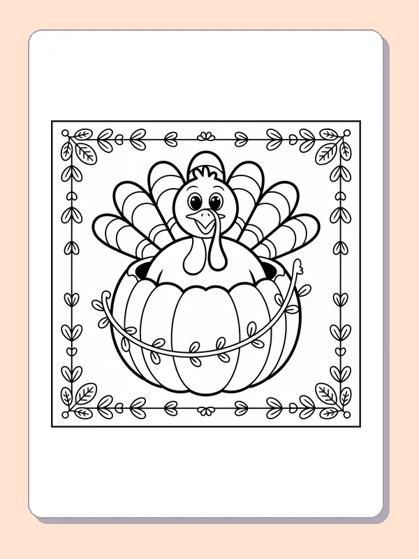 Black and white pumpkin and turkey in a frame coloring page with turkey feathers and fall details