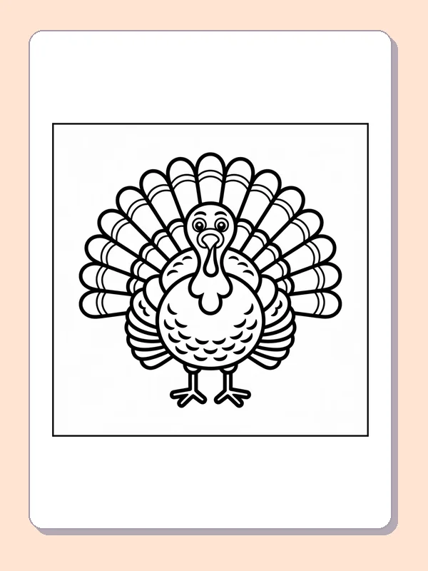 Black and white round turkey fanning its tail coloring page with turkey feathers and fall details
