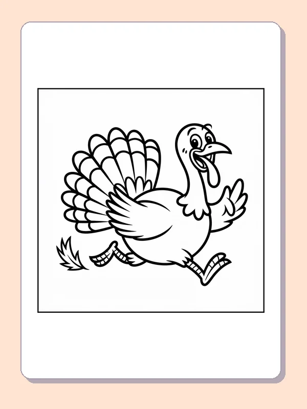 Black and white running turkey coloring page with turkey feathers and fall details