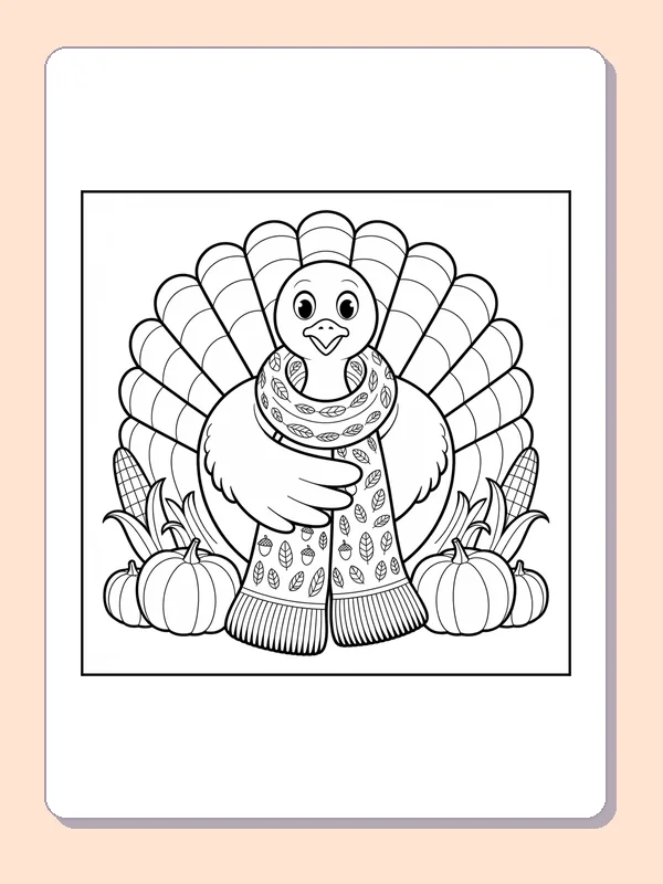 Black and white scarfed turkey between pumpkins coloring page with turkey feathers and fall details